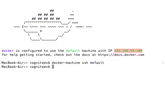 устанавливать   Ящик для инструментов Docker   ,   Выберите терминал Docker Quickstart, чтобы начать