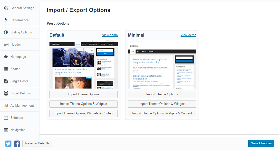 Вы можете импортировать параметры темы, виджеты и контент в соответствии со своими предпочтениями
