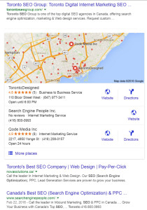 Если вы посмотрите на содержание веб-сайта и обратные ссылки, скажем, веб-сайтов с самым высоким рейтингом для поиска, такого как «Торонто SEO компания» или «Северный Йорк SEO компания», вы увидите смешанный пакет стратегий, используемых для обоих