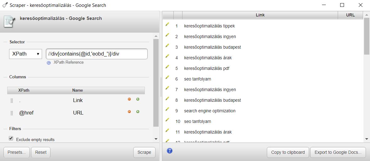 ліворуч - селектор XPath   Нижче наведена кнопка Scrape   справа, пов'язані терміни та результати
