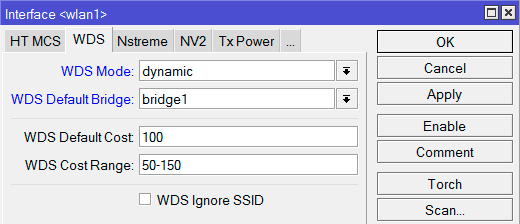 Відкрийте вкладку WDS;   WDS Mode виберіть dynamic;   WDS Default Bridge вибираємо наш бридж інтерфейс bridge1;   Натисніть кнопку OK